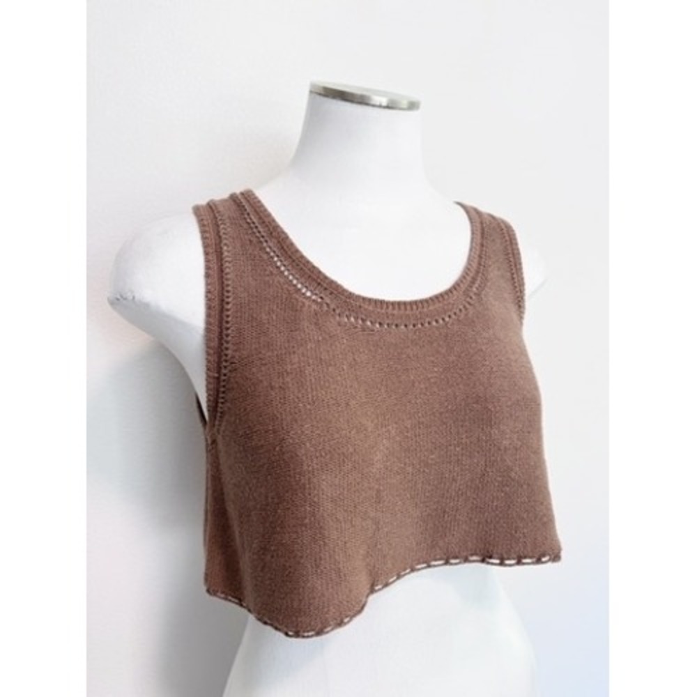 First Rite Brown Pima Cotton Linen Knit Crop Tank Top Scoop Neck Medium